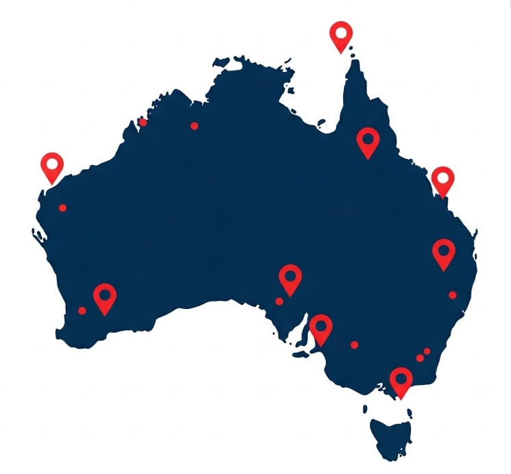 map of australia with marker icons in various locations