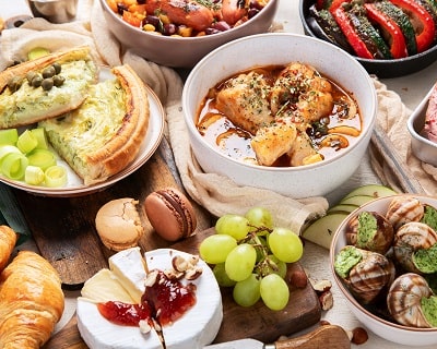 Assortment of typical French dishes