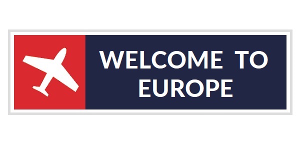 welcome to europe sign with an airplane icon