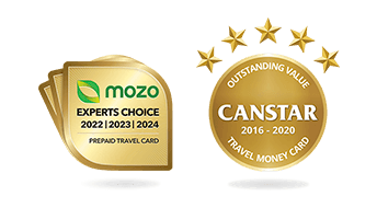 Mozo Experts Choice Awards for Prepaid Travel Card 2022, 2023, 2024; Canstar Outstanding Value for Travel Money Card 2016-2020