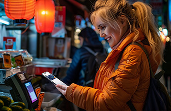 A woman wearing an orange jacket is smiling while making a payment using a Travel Money Card through a digital wallet on her smartphone at a street vendor. The scene is set in an outdoor market, illuminated by red lanterns in the background, highlighting the convenience and security of digital wallet payments with branded cards in everyday transactions.