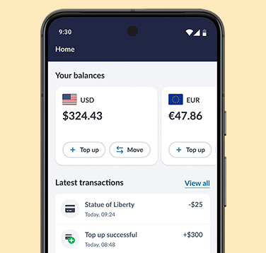 Travelex Money App interface showing balances in USD and EUR with options to top up and move funds. The screen also lists recent transactions and includes a prominent 'Top up' button at the bottom. Navigation tabs for Home, Card, and Profile are visible.