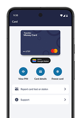 Travelex Money App interface displaying a Travelex Money Card with options to view the PIN, access card details, freeze the card, and report it lost or stolen. There is also an option to add the card to Google Wallet, along with a support section and a 'Top up' button at the bottom.