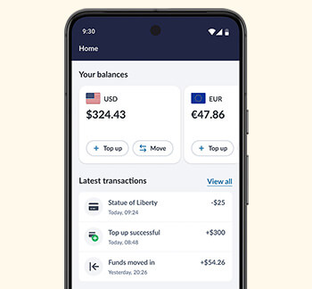 Travelex Money App interface displaying balances in USD and EUR, latest transactions, and a virtual Travelex Money Card with options to view PIN, freeze card, and report it lost or stolen. Includes buttons for topping up balances and adding the card to Google Wallet.