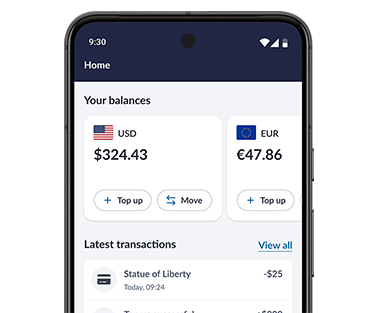 Travelex Money App interface displaying balances in USD and EUR, latest transactions, and a virtual Travelex Money Card with options to view PIN, freeze card, and report it lost or stolen. Includes buttons for topping up balances and adding the card to Google Wallet.