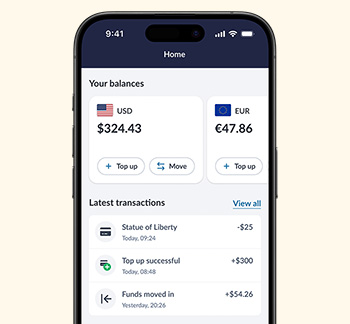 Travelex Money App interface displaying balances in USD and EUR, latest transactions, and a virtual Travelex Money Card with options to view PIN, freeze card, and report it lost or stolen. Includes buttons for topping up balances and adding the card to Apple Wallet.