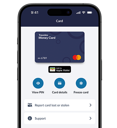 Travelex Money App interface displaying a Travelex Money Card with options to view the PIN, access card details, freeze the card, and report it lost or stolen. There is also an option to add the card to Apple Wallet, along with a support section and a 'Top up' button at the bottom.